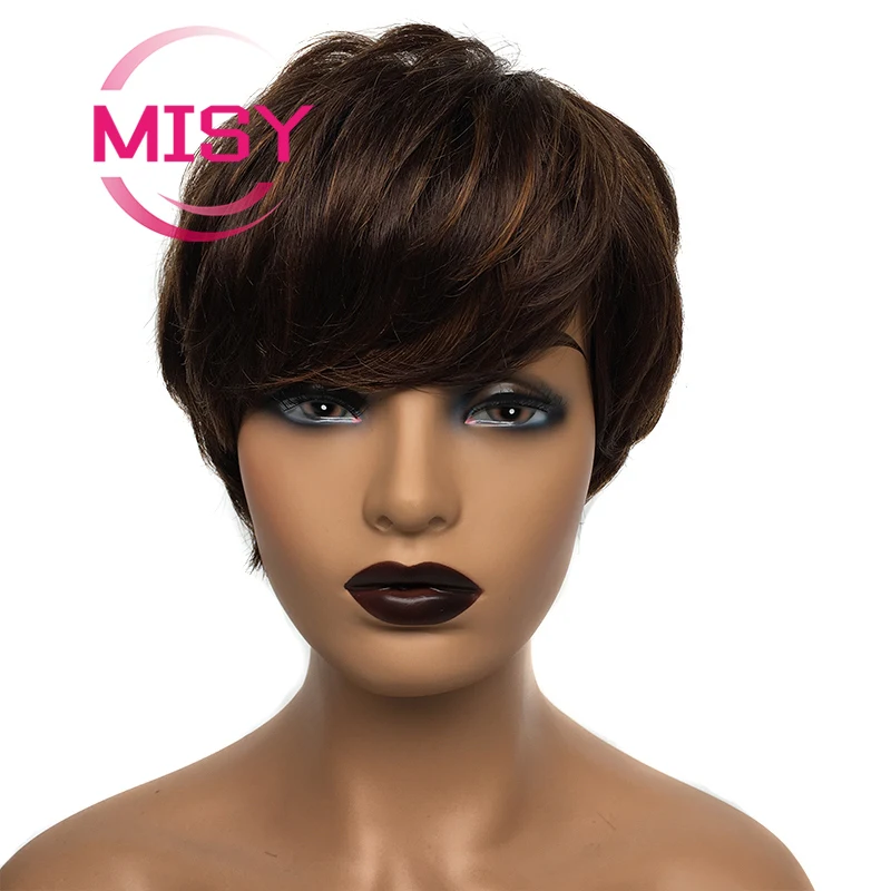 Short Bob Wigs Brazilian Hair Pixie Cut Wig For Women Ombre Human Hair Wigs With Bangs Full Manchine Made Cheap Glueless Wig