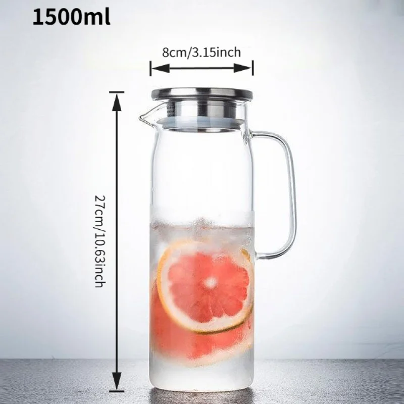1pc 1L/1.5L Borosilicate Glass Straight Water Pitcher with Stainless Steel Lid, Household Juice Jug, Suitable for Coffee, Juice