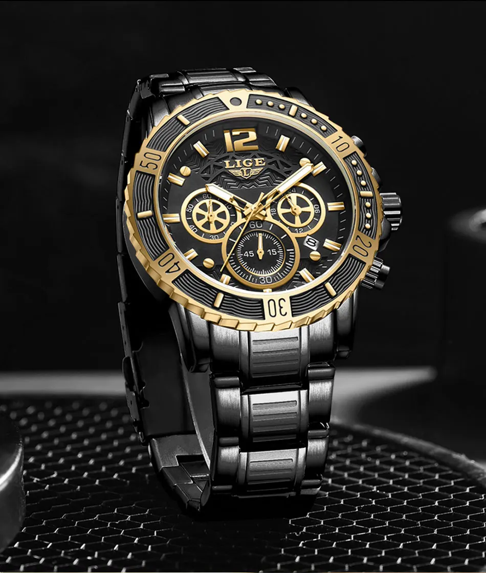 LIGE New Sport Chronograph Mens Watches Top Brand Luxury Full Steel Quartz Clock Waterproof Big Dial Watch Men Relogio Masculino