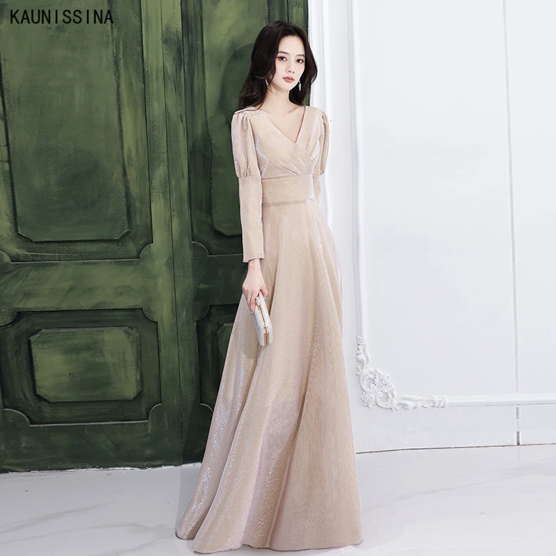 formal dresses & gowns KAUNISSINA Champagne Gold Evening Dresses Long Sleeve V-Neck Formal Party Wear Dress Floor-Length Simple Prom Robe Vestidos ball gown for women