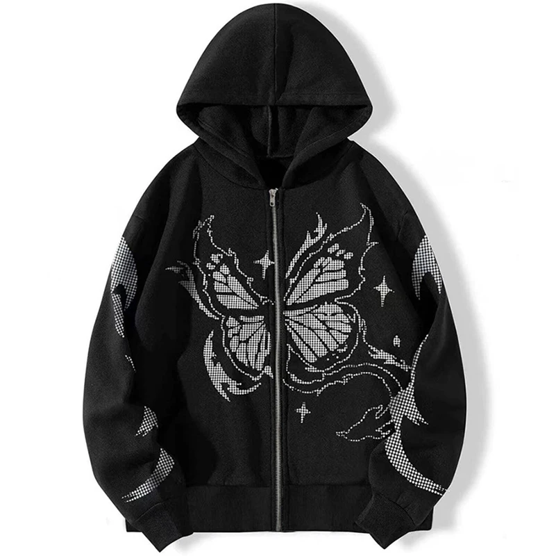 

Gothic Ins Butterfly Dotted Printed Y2K Zip Up Women's Hoodies&Sweatshirt Loose Oversized Harajuk High Street Hip Hop Streetwear