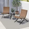 3 Piece Leather Texture Wicker Patio Chairs, Foldable Balcony Furniture Set with Outdoor Lounge Seating and Side Tab 1