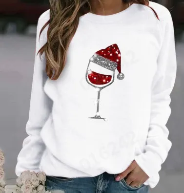 thumbnail image 1 of Suéter navideño para mujer, gorro navideño, copa de vino tinto, estampado, cuello redondo, manga larga, suéter 2023 nuevo, 1 of 5