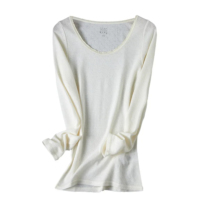 

Autumn Winter Double-sided Jacquard Pure Wool T-shirt Women lace collar hollow out Soft Warm Slim Long Sleeve Bottom Tops