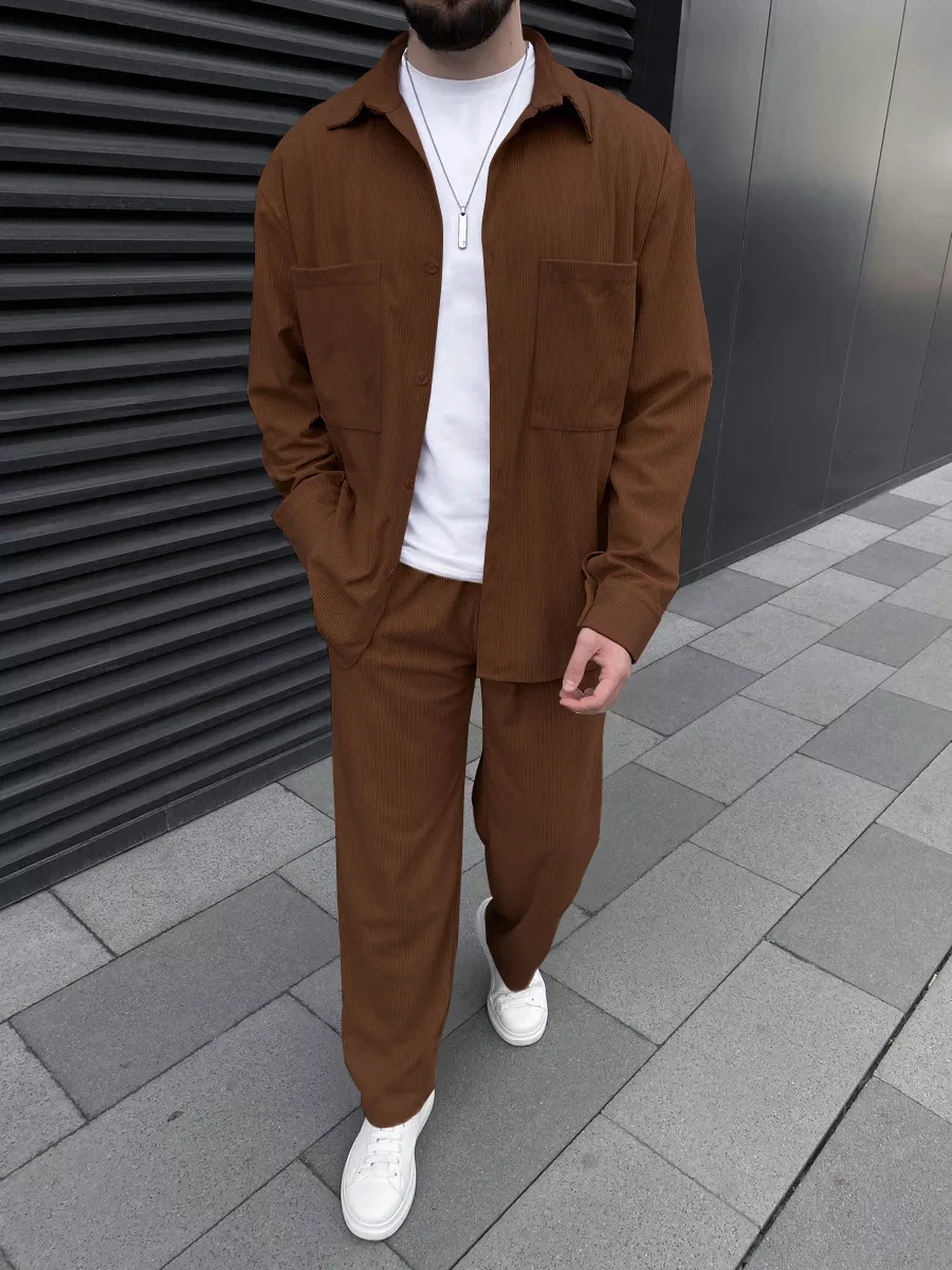 2025 Spring autumn Europe and the United States cross-border men's corduroy high quality long sleeve coat casual pants two piece 2