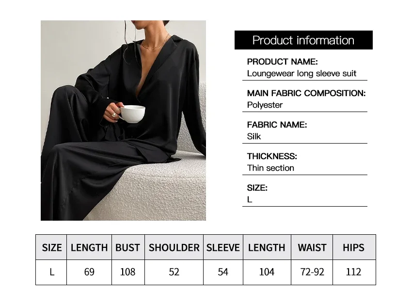 New Women Silk Pajamas Imitation Ice Silk Black Comfortable Light Luxury Color Long Sleeve WIde Pants Sleepwear Set