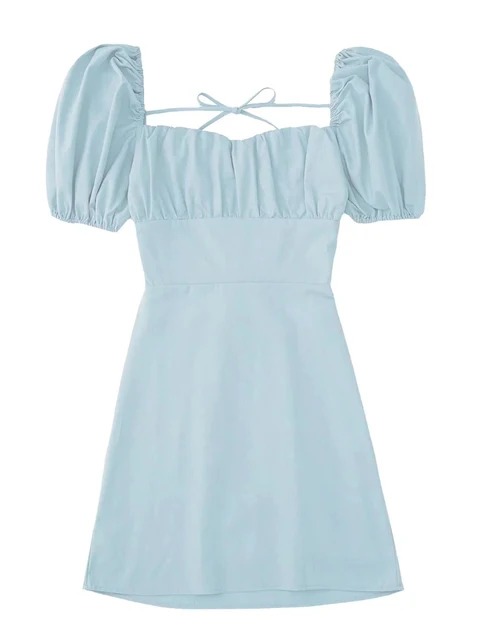 XNWMNZ women white fashion linen blend dress female square neck short puff sleeves backless crossover straps dress for women's sky blue