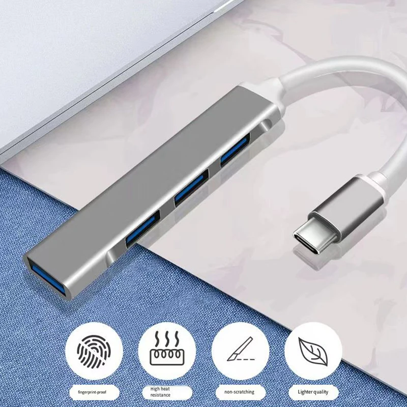 High-Speed USB-A to Type-C 4-Port Hub Adapter with 5Gbps Data Transfer