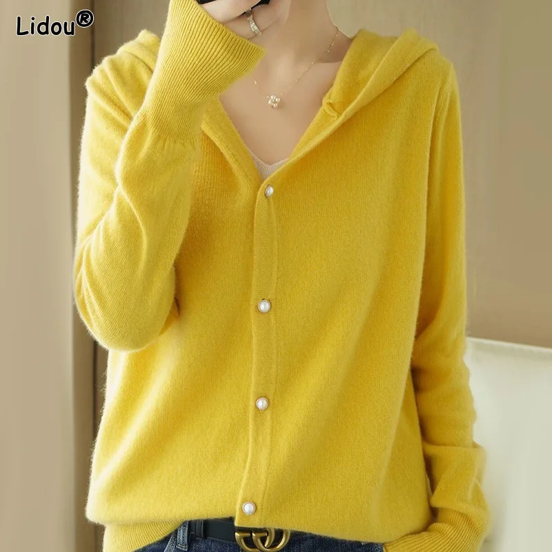 Casual Korean Solid Color Blouses Cardigan Loose Simplicity Women's Clothing Autumn Winter Hooded Button Knitting Comfortable
