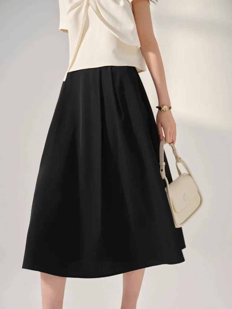 Elegant Black A-Line Midi Skirt Women Summer High Waist Slim