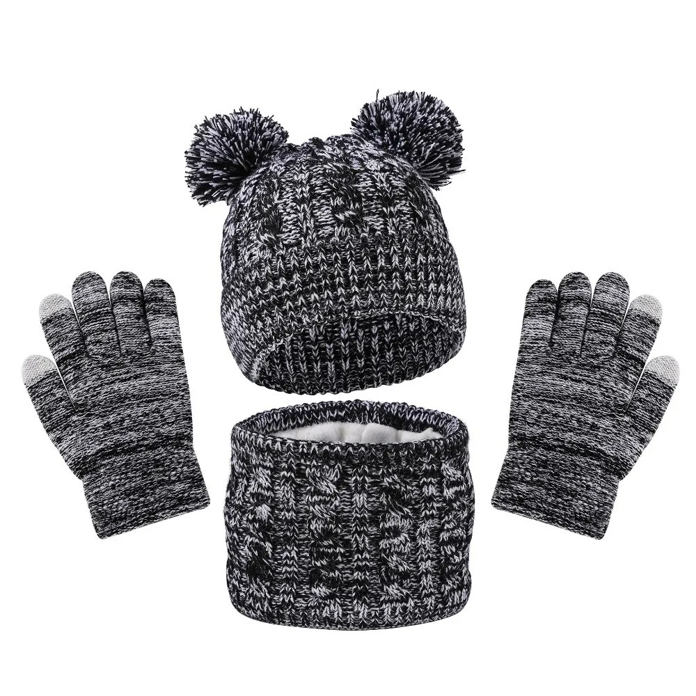 Cute Pompom Baby Hat Scarf Gloves Set Warm Ears Thickened Toddler Knitted Hats with Velvet Multicolor Hat Set Autumn Winter