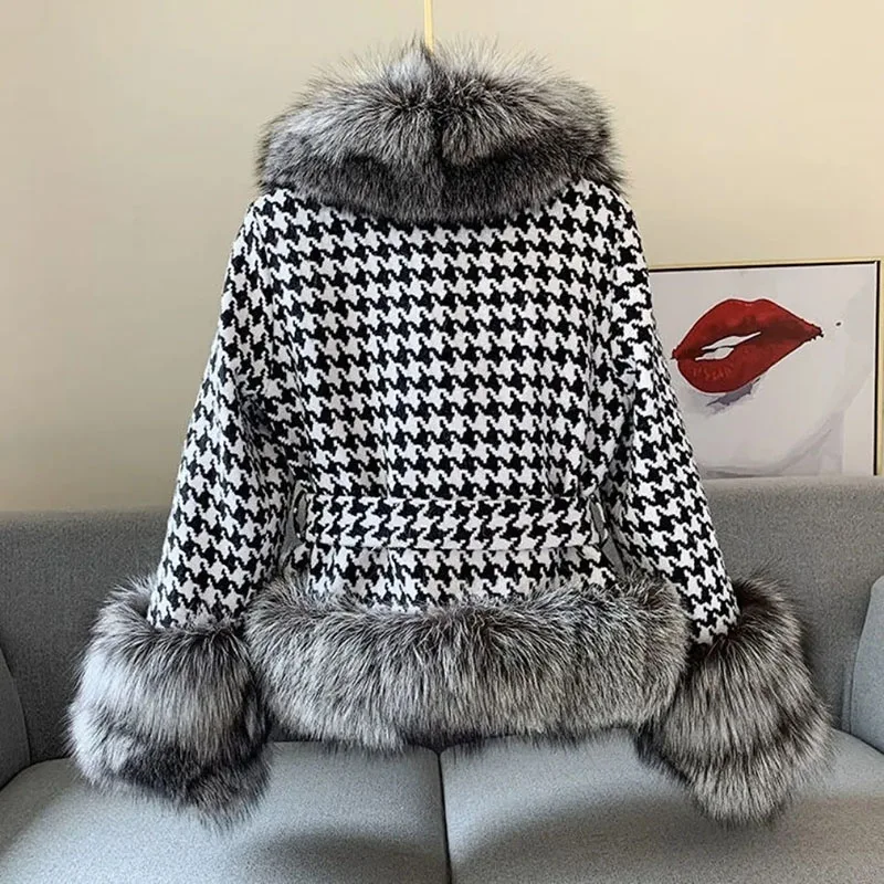 2023 Autumn And Winter New Houndstooth Large Collar Imitation Short Coat Women's Temperament Delt Fox Fur Coat Womentide