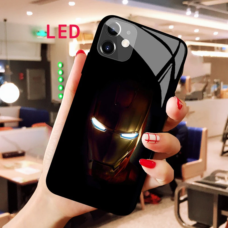 iron man Luminous Tempered Glass phone case For Apple iphone 13 14 Pro Max Puls mini Luxury Fashion RGB LED Backlight new cover led backlight bar for 55fs3750lbaa 55fs3750 l55f3303b d55a710 ld55a810l 55s100 l55f3800a tot 32f3800a 2x5 yhb 4c lb3205 yhex1