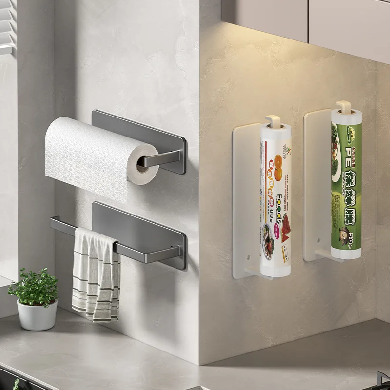 Wall-Mounted No-Drill Kitchen Tissue Holder Storage Rack for Plastic Wrap and Bags Cloth Holder Paper Towel Roll Holder kitchen storage rack kitchen organizer kitchen organizer rack