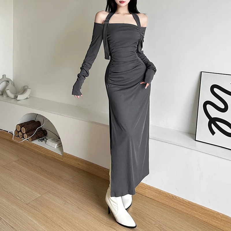 Nibber Autumn Evening Party Intellectual Elegant Dignified Mature Halter Sexy Feminine Pure Color Simple Women  Long Neck Dress