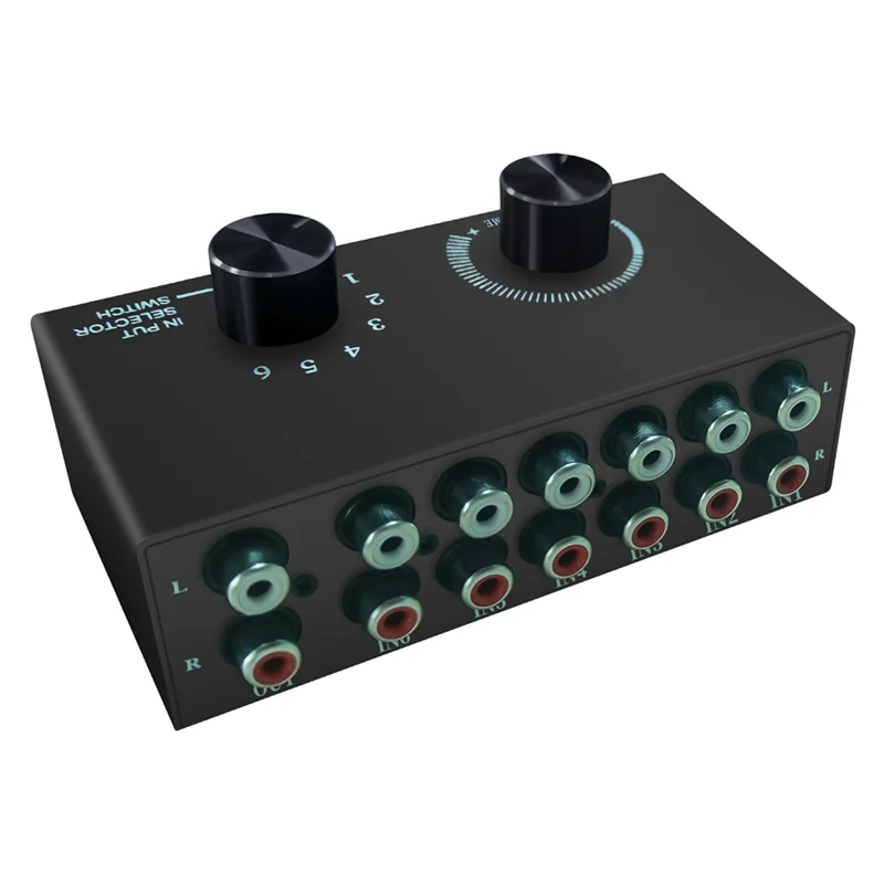 

6 in 1 Out L / R Stereo Audio Switcher with Mute Button Portable RCA Stereo Audio Switch Audio Splitter