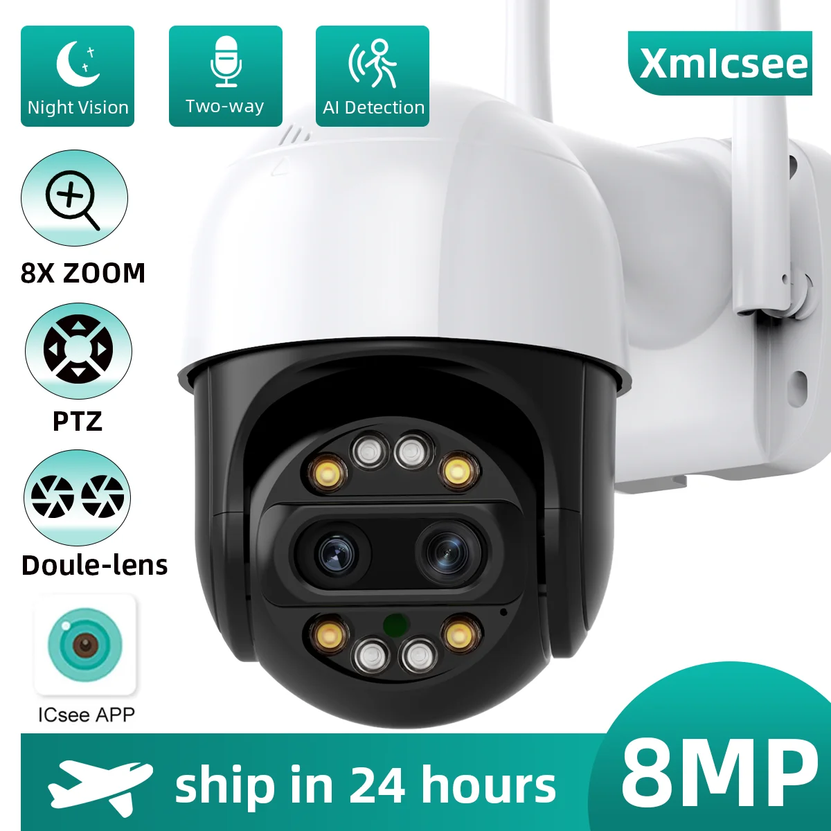 8mp Ptz Wifi Camera Dual Lens 2k Black Outdoor Surveillance Camera Cctv