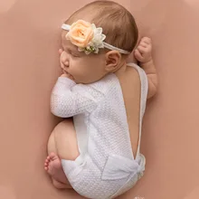 

Newborn Girl Outfit Baby Photography Props Long Sleeve Solid Photography Clothing Infant Jumpsuit Rompers Bow Tie 0-3 Month