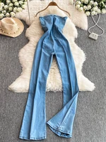 Spicy Girl Street Sle Handmade Denim Tube Top Jumpsuit Flared Long Pants High Waist Commute Sle Regular Thin - Image 4