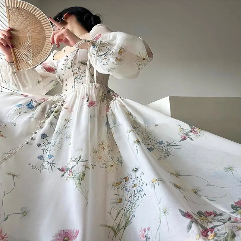 

Женское шифоновое вечернее платье миди, элегантное платье во французском стиле с цветочным принтом и длинным рукавом, длинное пляжное платье в Корейском стиле для вечеринки, весна 2023