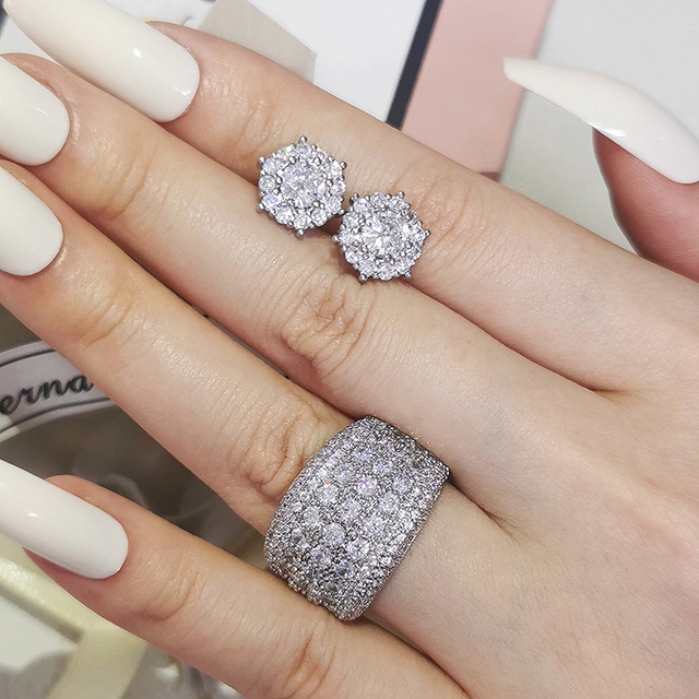New Arrivals Luxury 2pcs Silver Color Cz Dubai Jewelry Set Ring and Earring for Women Wedding Party Lady Gift Jewelry J5968