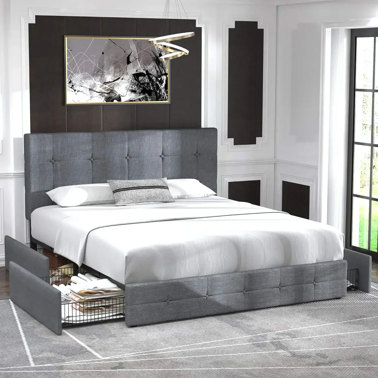 NEW-Upholstered Queen Size Platform Bed Frame with 4 Storage Drawers and Headboard, Square Stitched Button Tufted