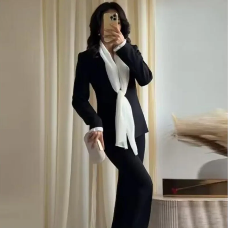 Women's Scarf Contrast Blazer 2026 Spring New Fashion V-neck Long Sleeve Coats Casual  Female Office Outwears - 2