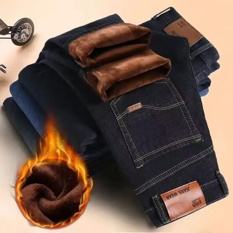 Men's Autumn/Winter Jeans Fleece-Lined Thickened Straight-Leg Loose-Fit Plus Size For Cold Weather Outdoor Wear
