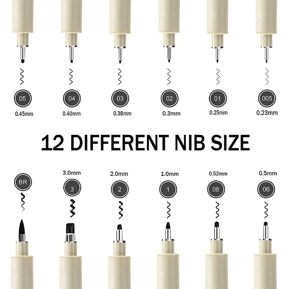 1Pcs Micron Ink Marker Pen Sketch Stationery Set Hook Line Sketching Needle Pen 12 Tips Art Supplies Drawing