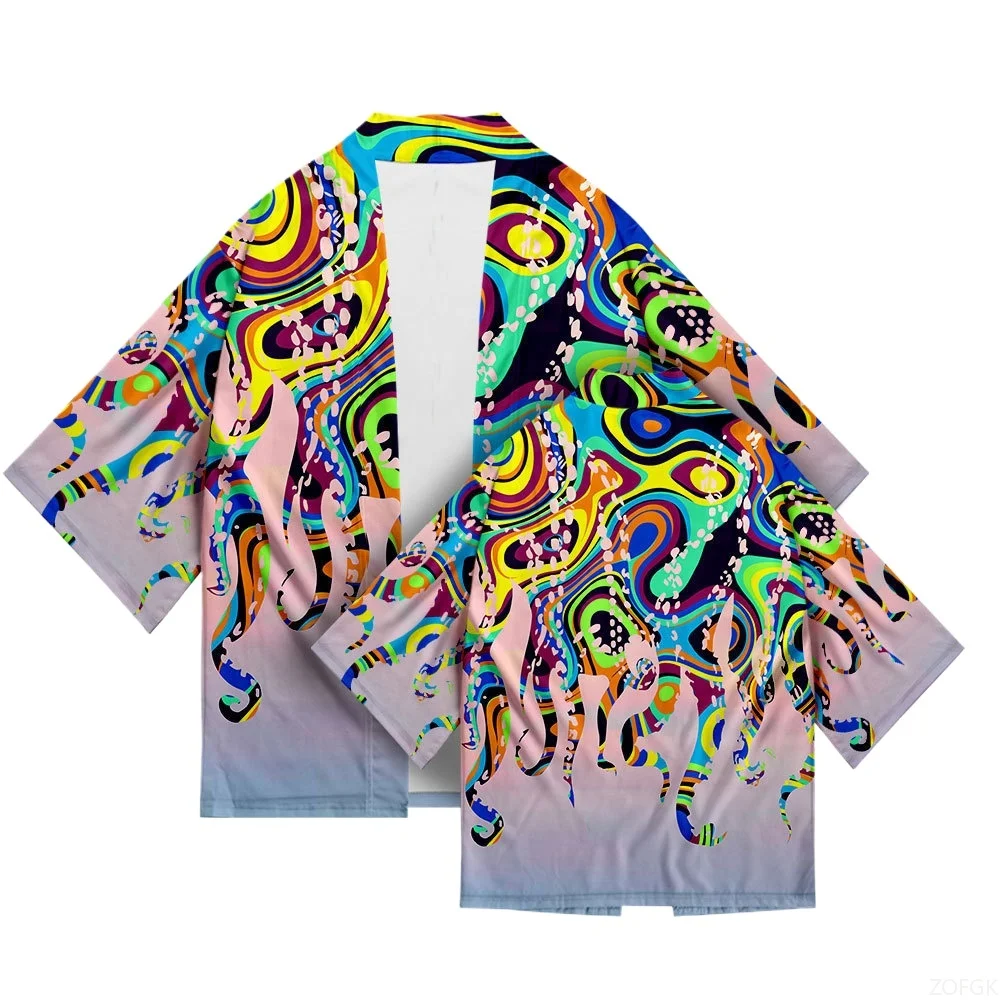 Sommer Octopus Octopus Squid 3D Gedruckt Halbe Hülse Strickjacke Stroh Robe Lose Große Feder Weben Mantel Kimono – Detail 14