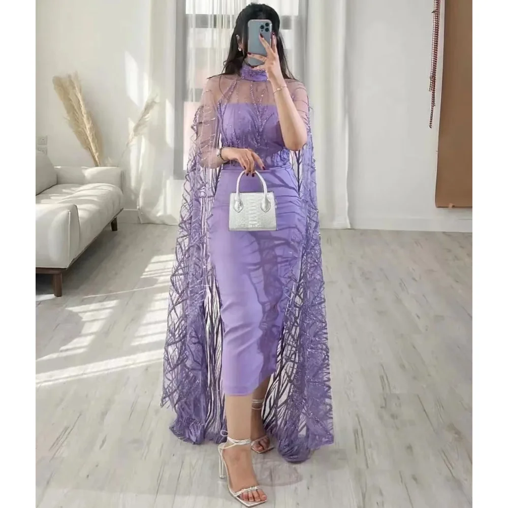 Jiayigong  Jersey Draped Pleat Sequined Evening Sheath High Collar Bespoke Occasion Gown Midi Dresses Saudi Arabia