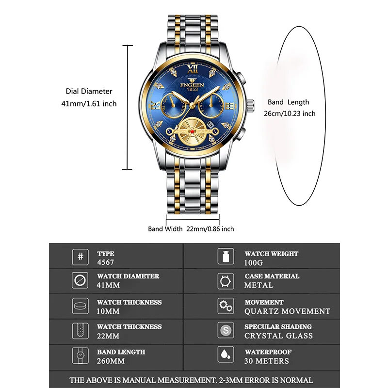 FNGEEN Men’s Watches Top Luxury Brand Fashion Quartz Men Watch Waterproof Gold Steel Business Wristwatch Reloj Hombre 4567 3