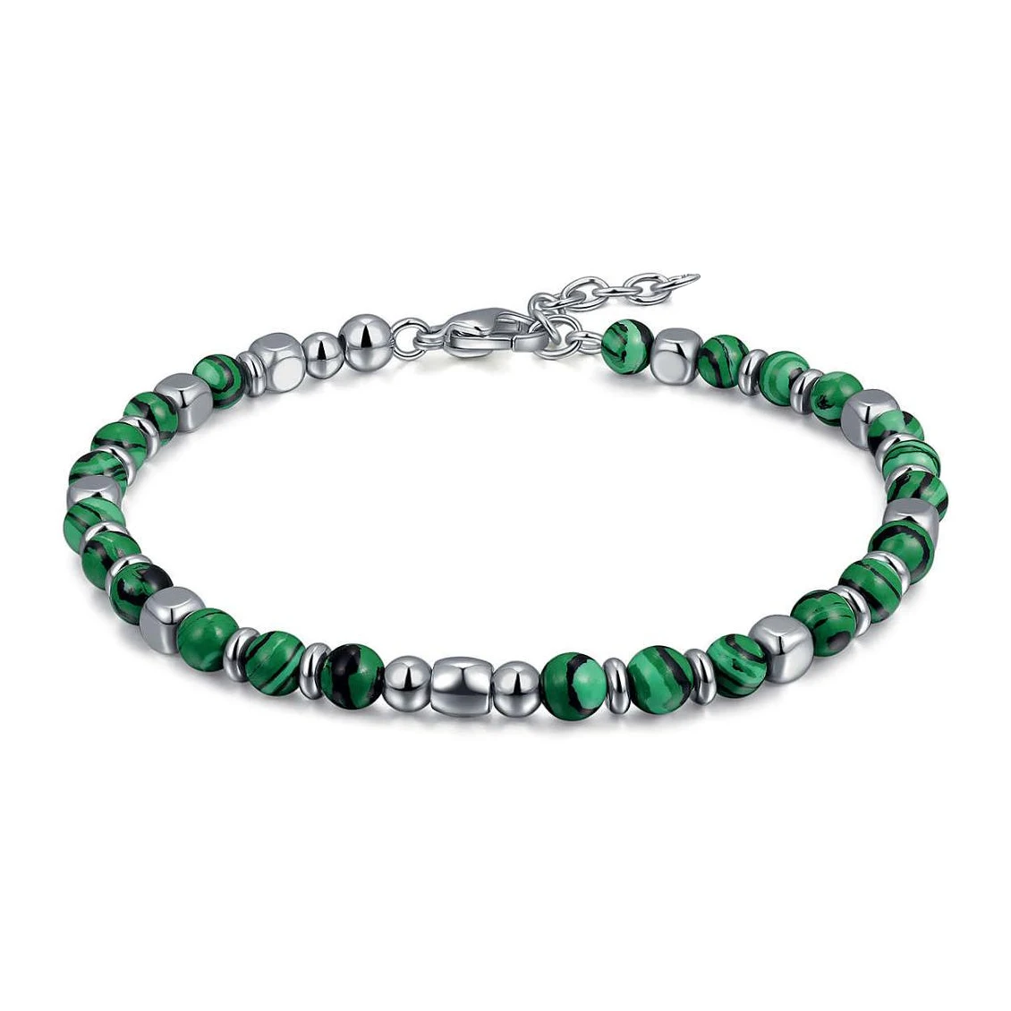 Runda Men's Bracelet Natural Stone Malachite 4mm with Stainless Steel Parts Adjustable Fashion Hand Jewelry Charm Bead Bracelet