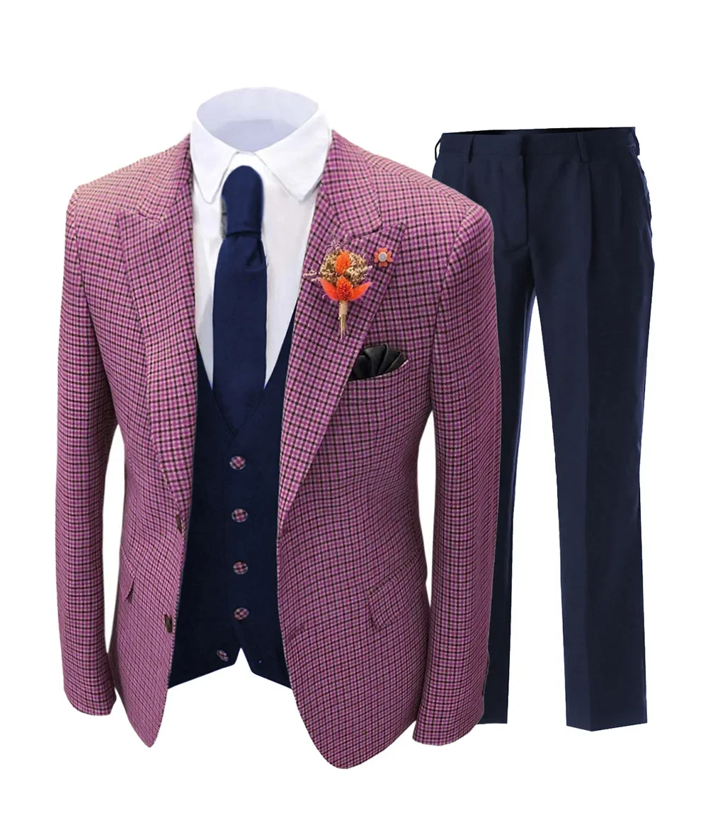 Men's Suit 3 Pieces Set Version Slim Fitting Casual Plaid Stripes Suitable For Wedding Banquets Jacket Vest With Pants