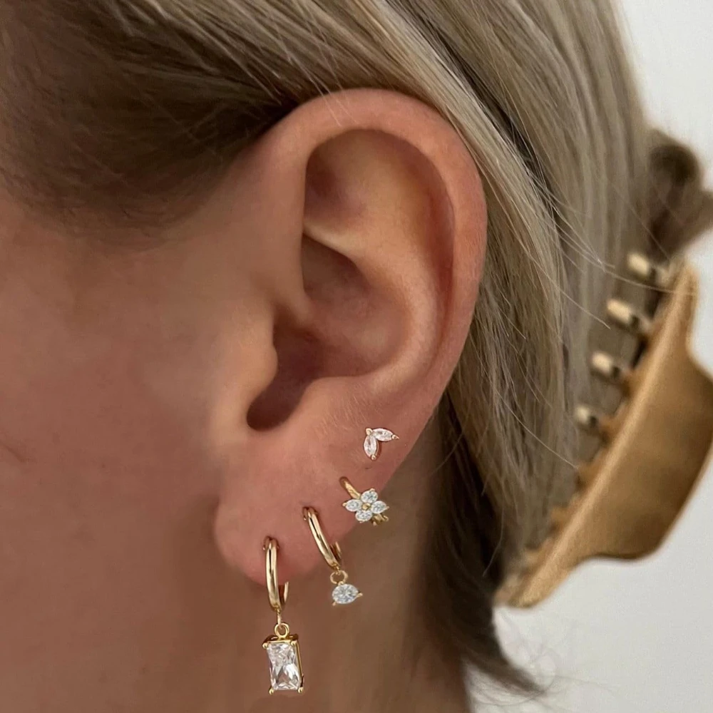 Dainty Zircon Small Stackable 14k Gold Plated Earrings Set for Women Multiple Piercing Cartilage Huggie Hoop Earring Jewelry