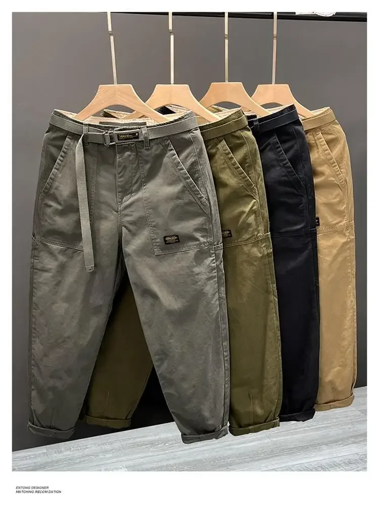 Herbst-Sommer Weite Baumwoll-Arbeitshose für Herren, Gerade Geschnittene, Strapazierfähige Taschenhose im Retro-Waschstil, Lässige Arbeitskleidung – Detail 10