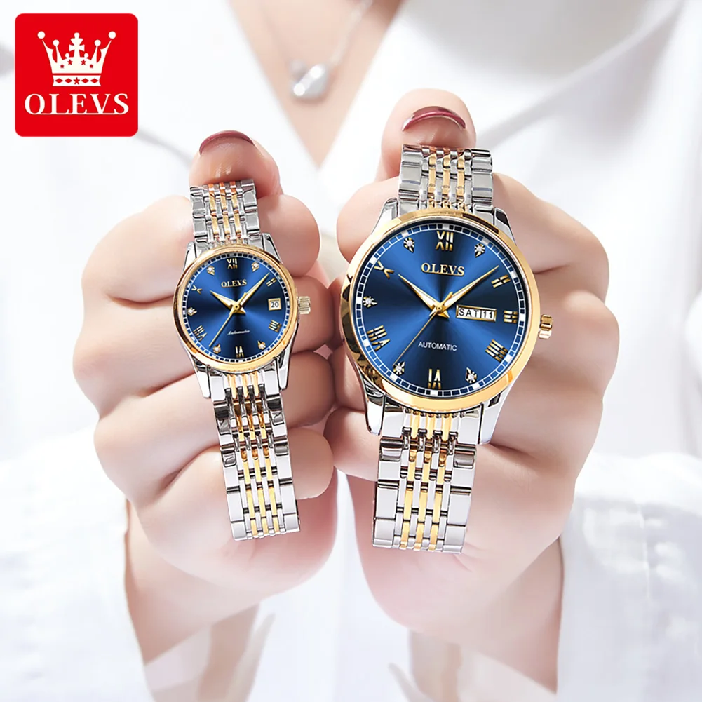 OLEVS 6602 Automatic Mechanical Watch for Couple Original Business Waterproof Stainless steel Wristwatch His and Hers Watch Sets