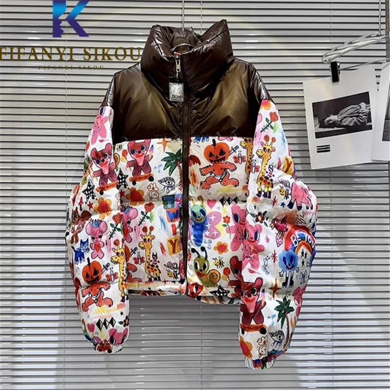 

Cartoon Print Down Jacket Women Graffiti Fashion Spliced Down Coat Thickening Warm Parka Casual Loose Winter Jacket Female