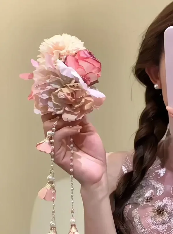 2026 Neue Süße Stoffblumen-Quasten-Perlen-Haarspangen für Damen – Elegante, hochwertige Haaraccessoires im Wald-Stil – Detail 2