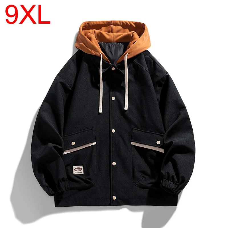 

Spring Autumn youth handsome loose casual solid colour multi-pocket top jacket men's hooded jacket 9XL 8XL men clothing