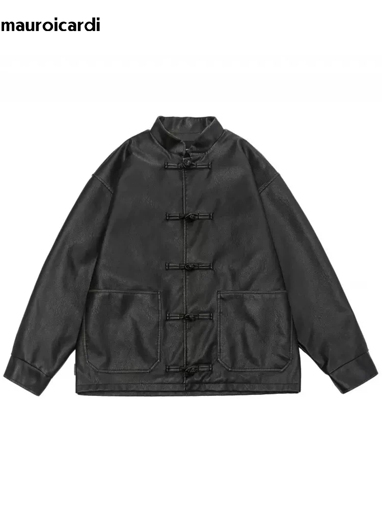 Mauroicardi Spring Cool Oversized Vintage Distressed Pu Leather Jacket Men Elegant Luxury Designer Chinese Style Clothes