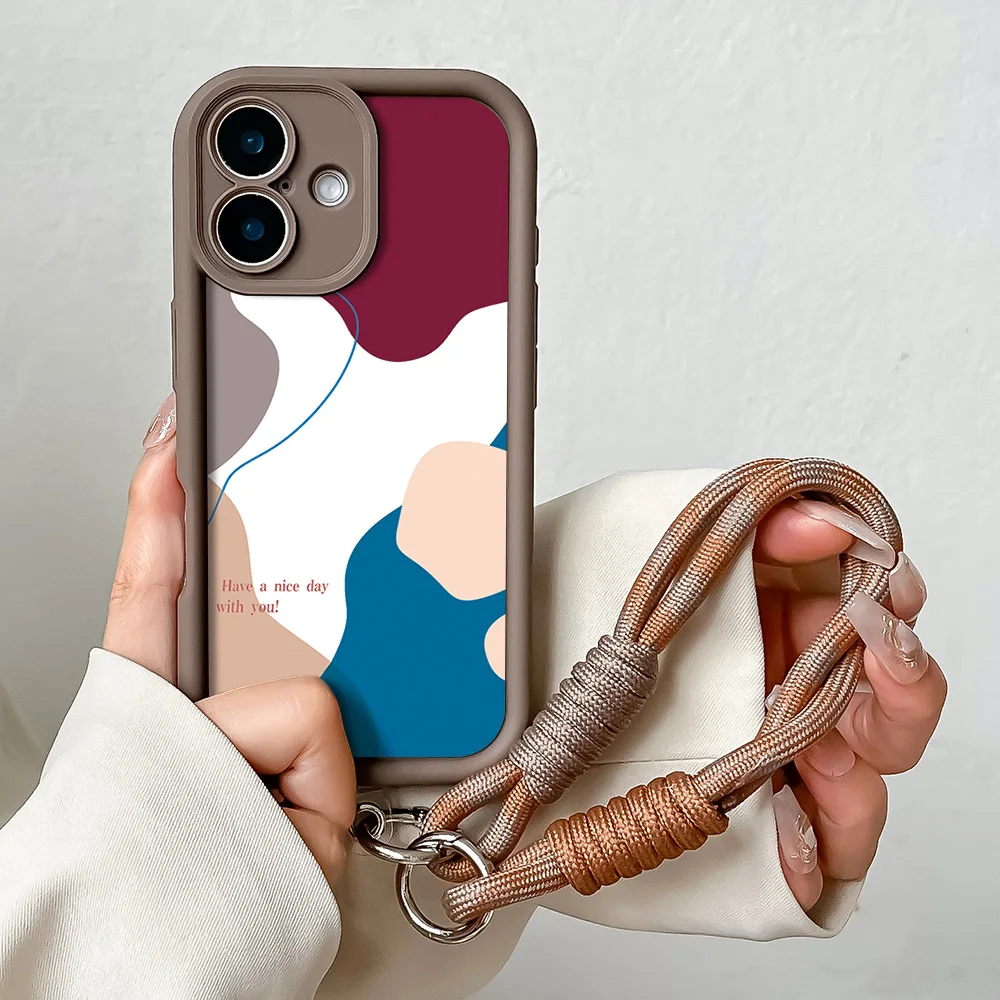 Color Block Wrist Chain Phone Case with Hand Strap and Lanyard