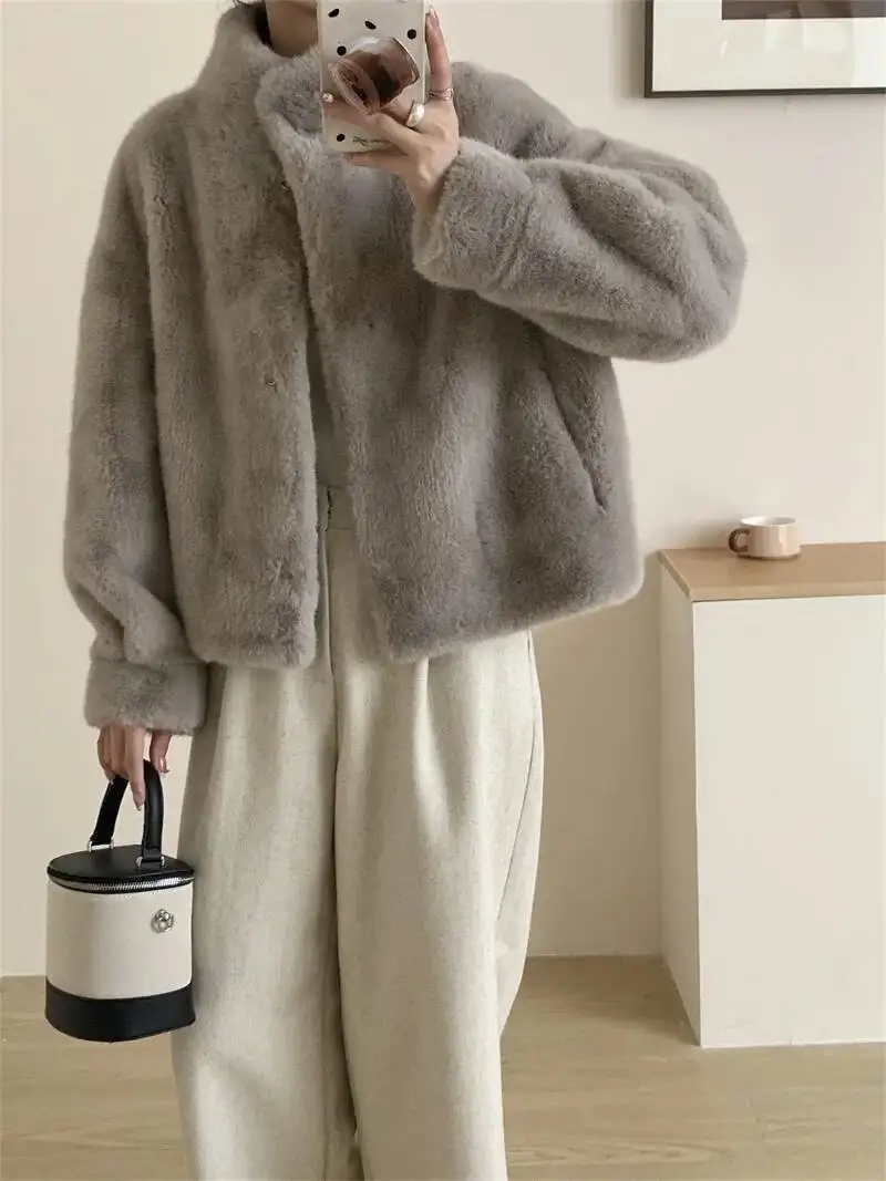 LANMREM Eco-friendly Mink Fur Windproof Stand Collar Faux Mink Coat For Women Warm Winter Thick Jackets With Pockets 2DB5167