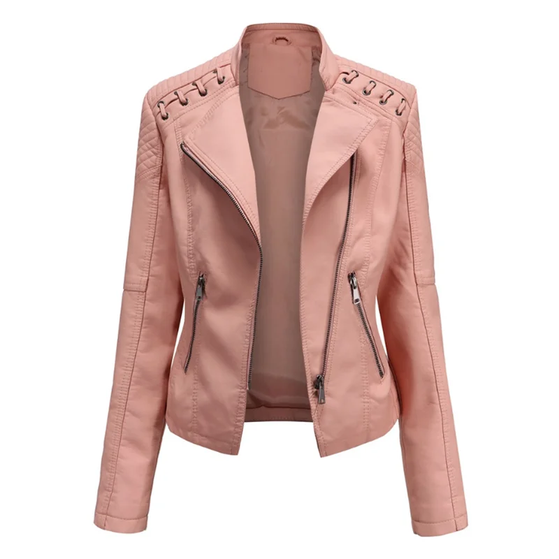 New 2023Turn-down Collar PU faux Leather Jackets Women Luxury Jacket Black Pink Red Biker Coat