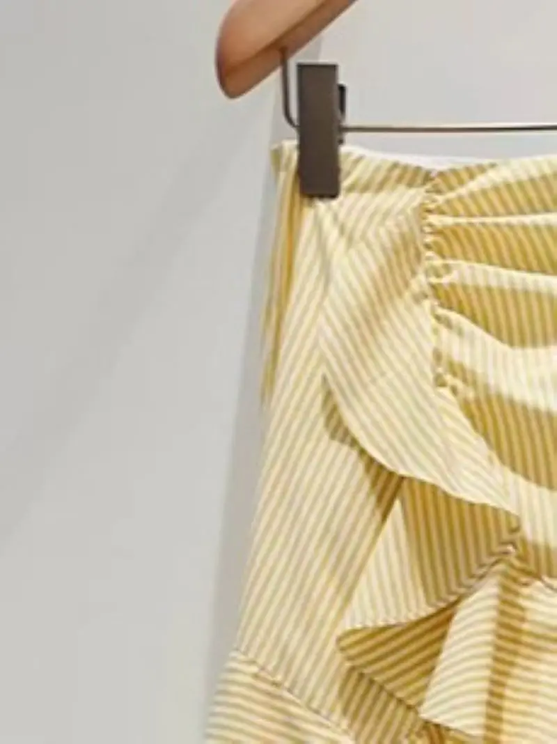

Женская юбка в желтую полоску, милая Летняя асимметричная юбка миди с оборками и высокой талией, 2024
