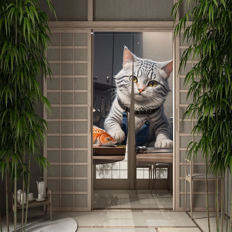 Cartoon AI Cat Door Curtain Funny Dining Room Door Decor Curtain Partition Curtain Drape Kitchen Entrance Hanging Half-Curtain 3