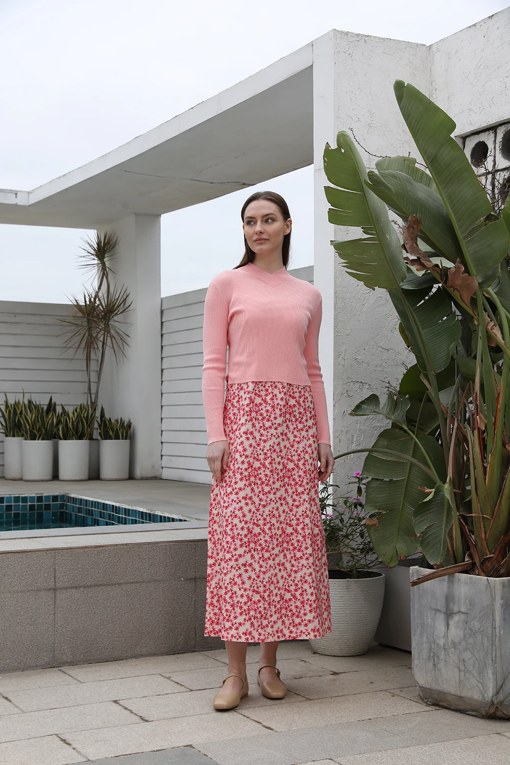 AP 2025 Spring and Summer Women Pink Pattern Satin Slip Dress Knitting V-neck Sweater Sweet Style Clothing