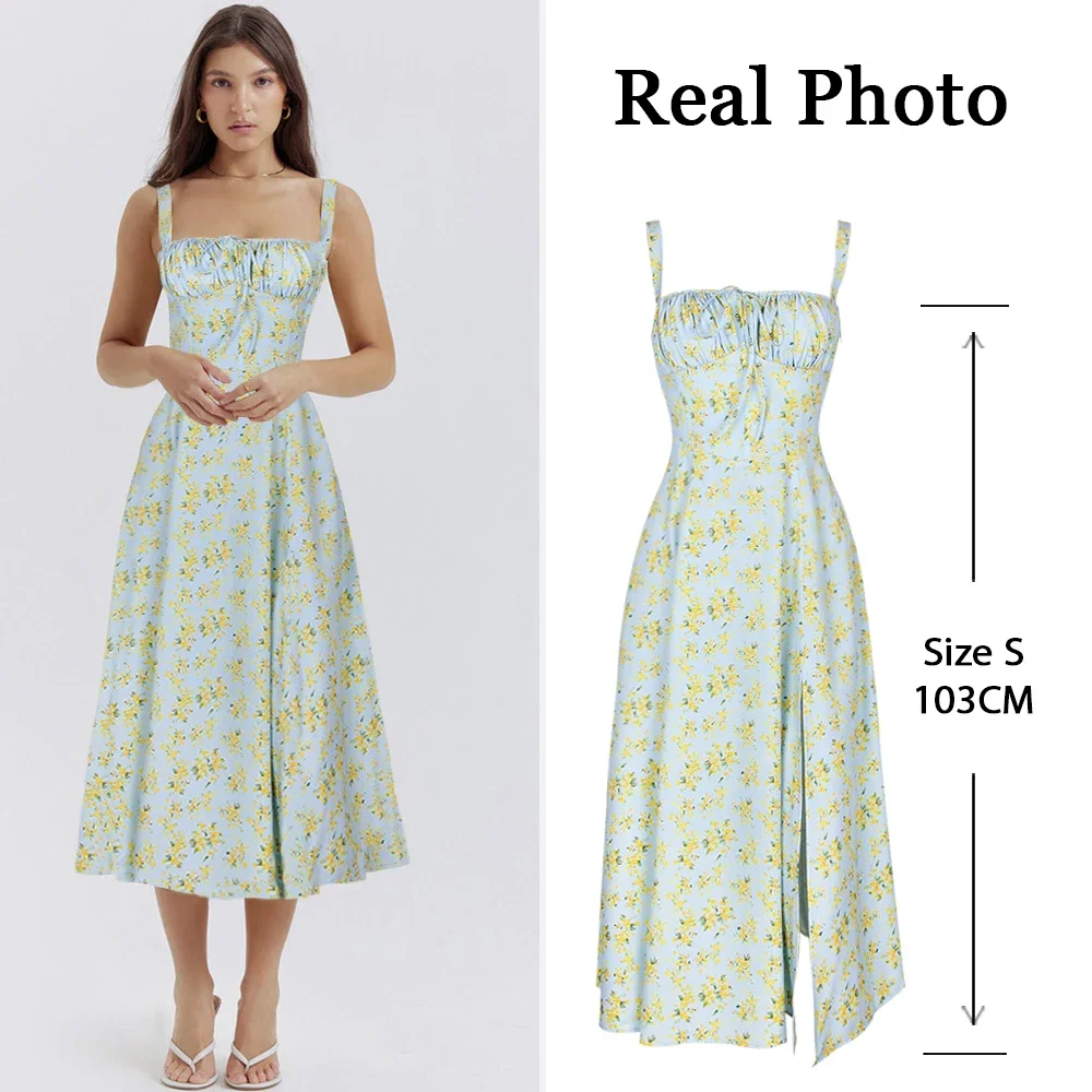 Women's Summer Floral Midi Dress with Slit and Lace Up Detail