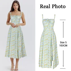 Suninheart Women's Elegant Floral Midi Dress - Sweet Summer Blue with Lace - Up Detail - S (Blue yellow  print)