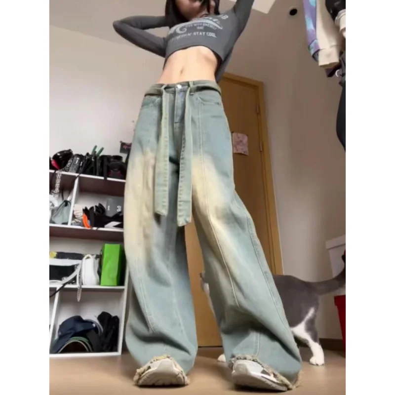 

New Fashion Niche Design Sense High-quality Distressed Jeans Women's Loose Casual Slim Straight Wide-leg Floor Mopping Trousers